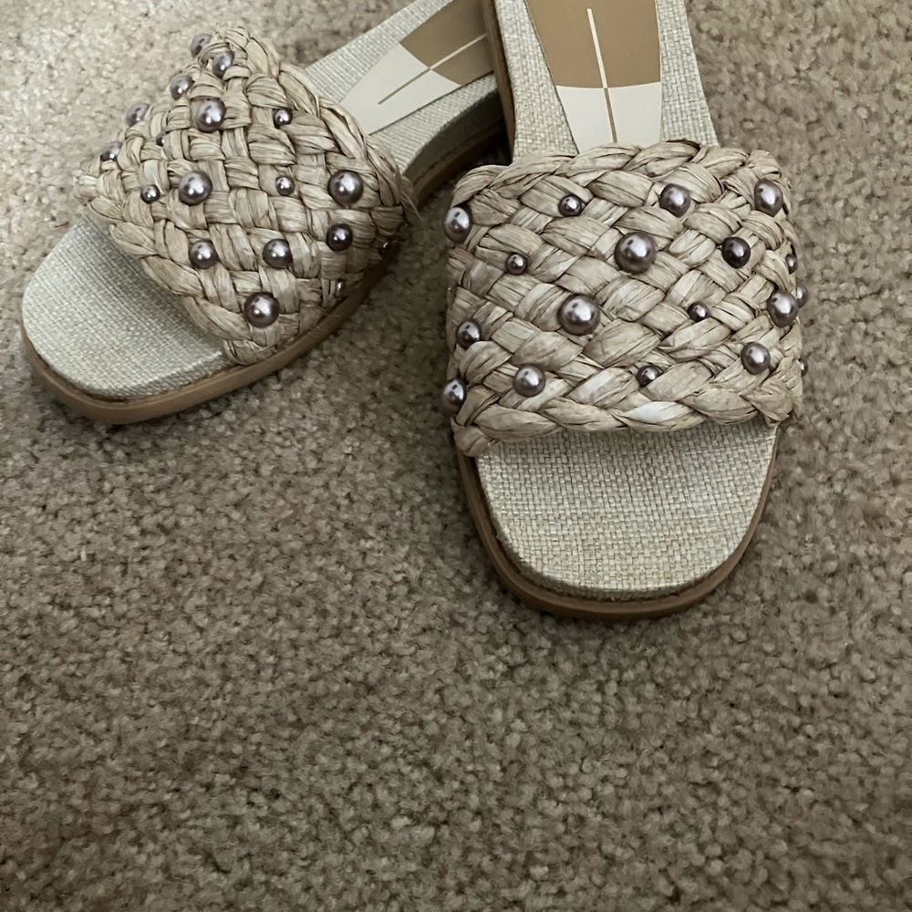 Dolce Vita Cream Woven Sandals with Pearl Accents